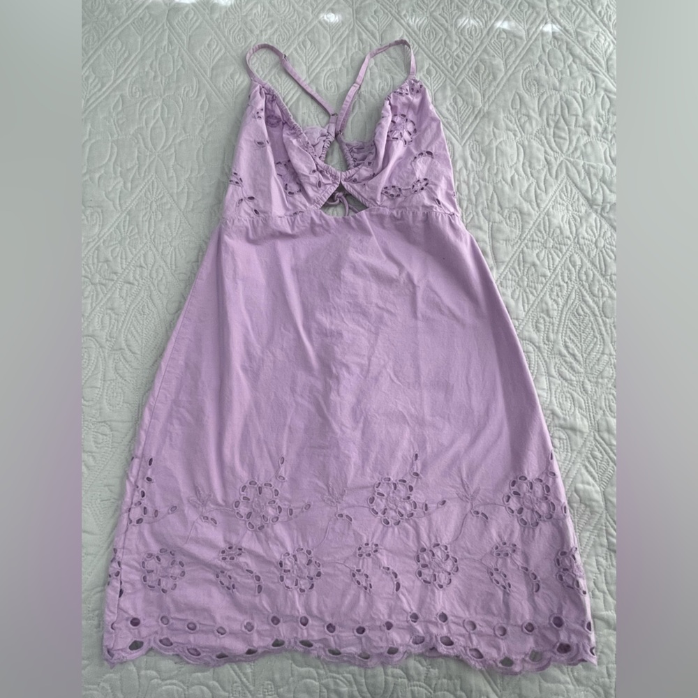 Zara lilac embroidered mini dress with tie closure on the back
